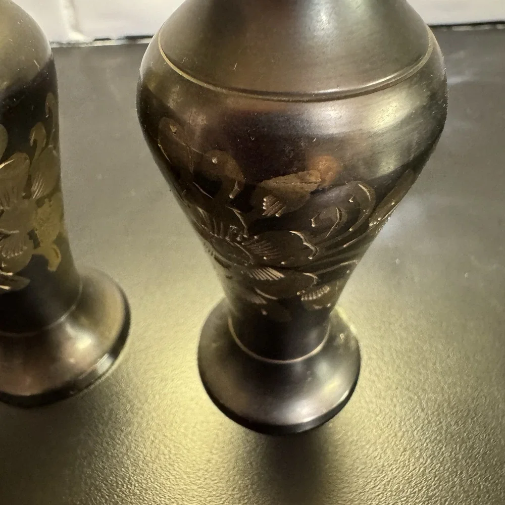 Brass Floral Etched Vase Vintage Marked India Solid Brass‎ Set Of 2